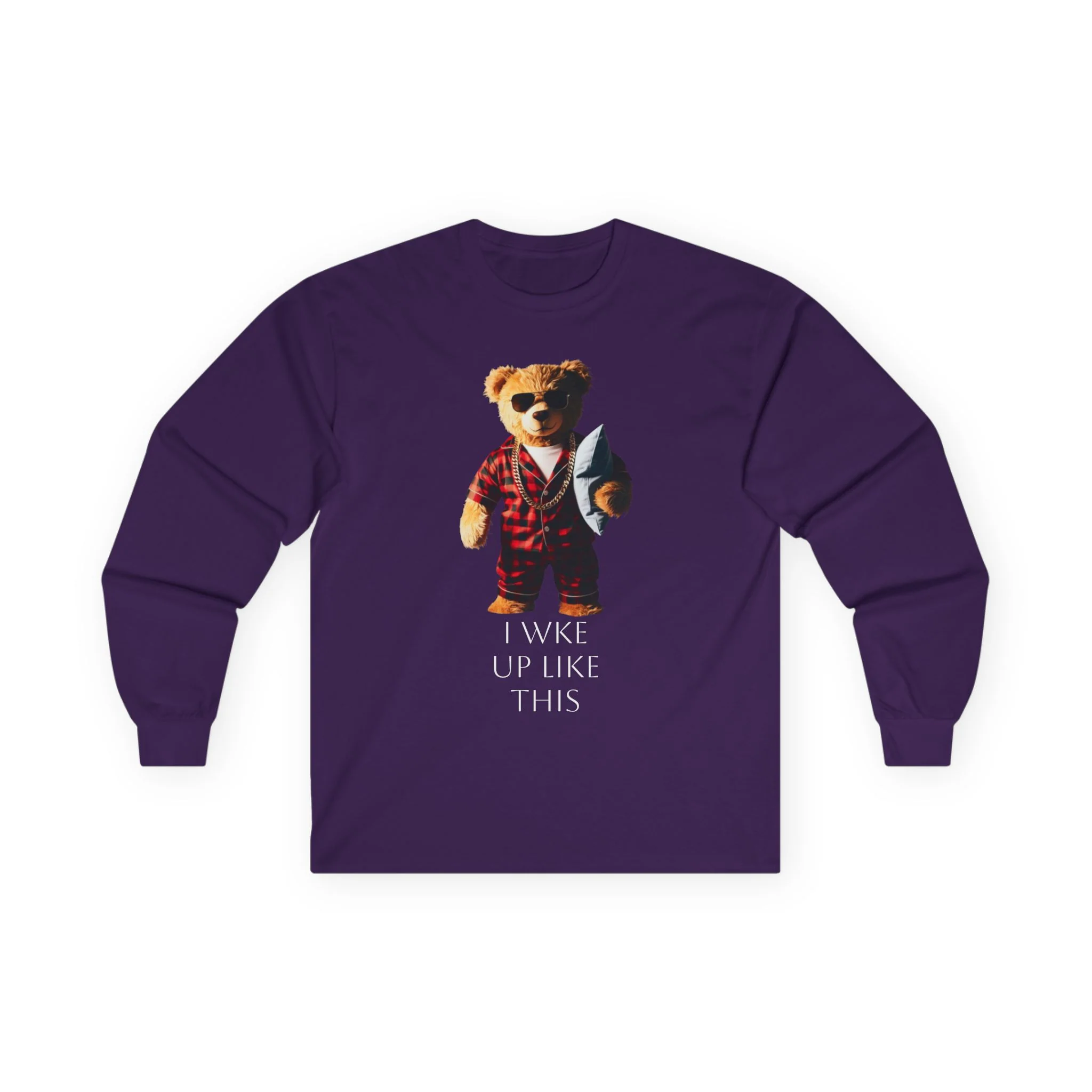 Bear in Pajamas Long Sleeve Tee — "I Woke Up Like This" Graphic Shirt - Image 13