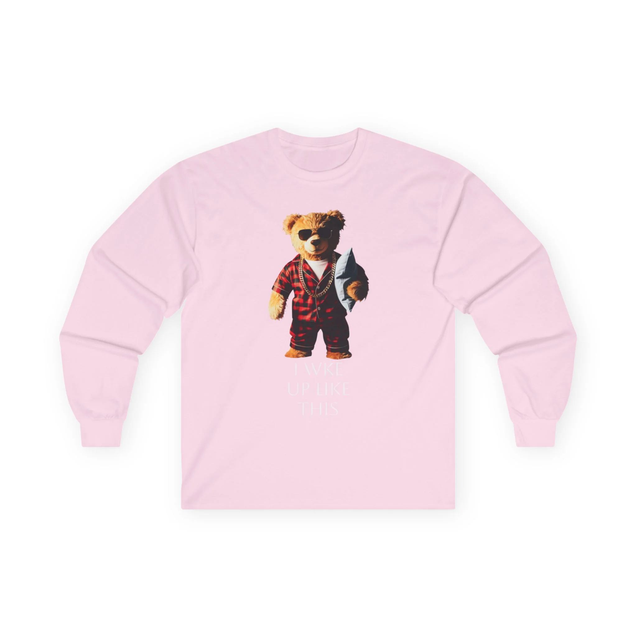 Bear in Pajamas Long Sleeve Tee — "I Woke Up Like This" Graphic Shirt - Image 14