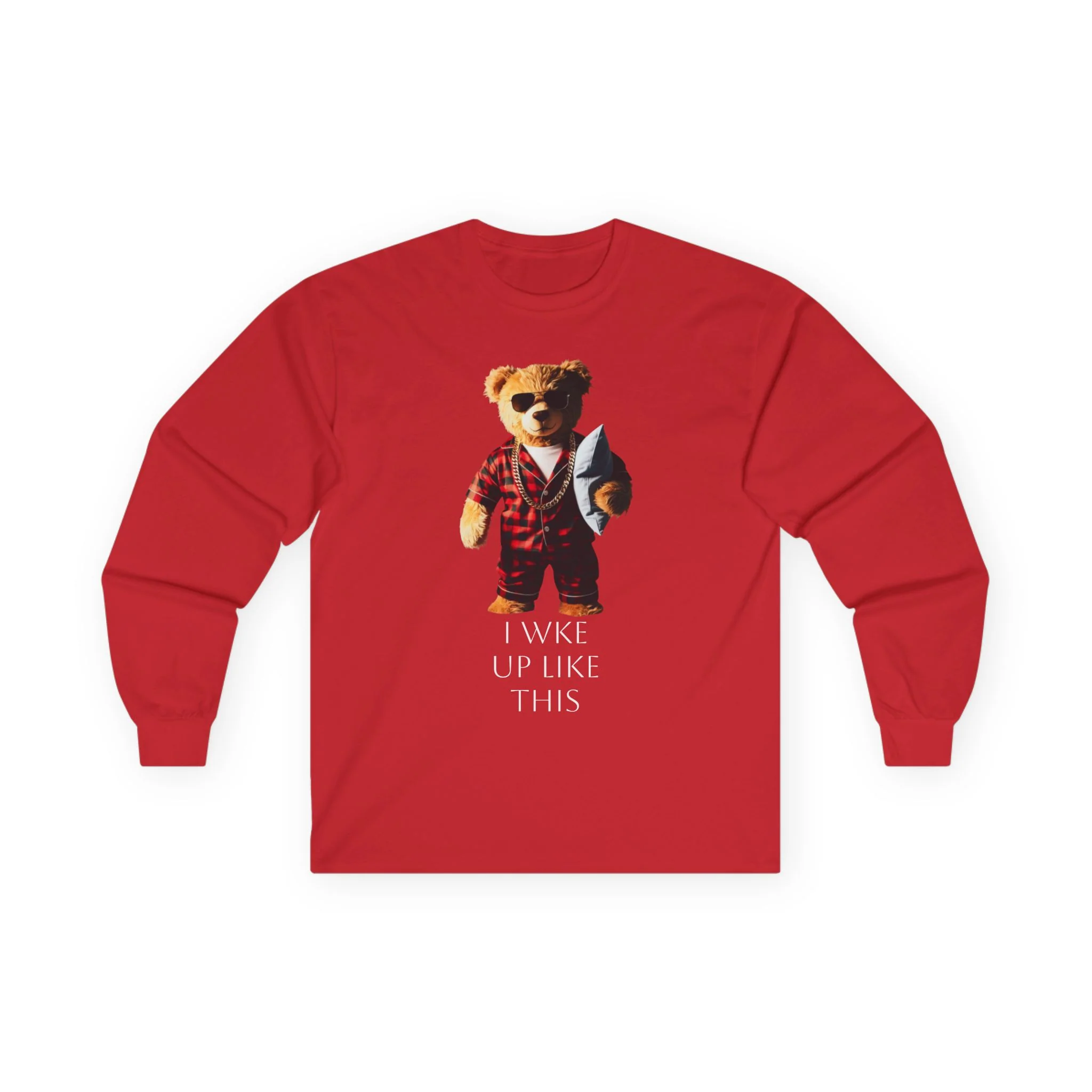Bear in Pajamas Long Sleeve Tee — "I Woke Up Like This" Graphic Shirt - Image 15