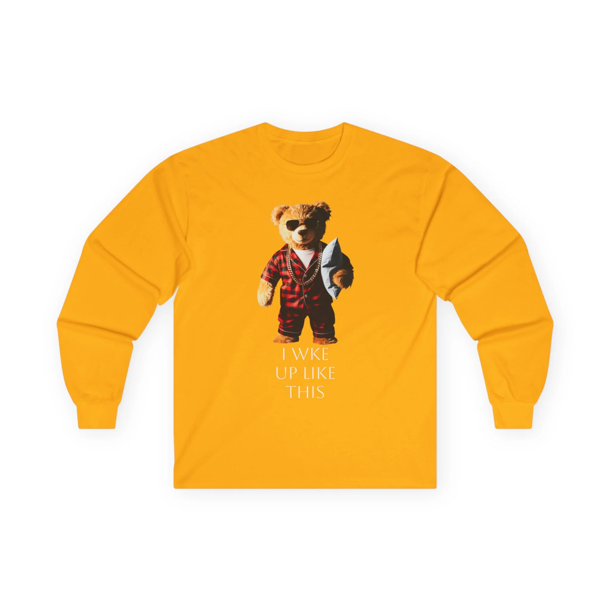 Bear in Pajamas Long Sleeve Tee — "I Woke Up Like This" Graphic Shirt - Image 3