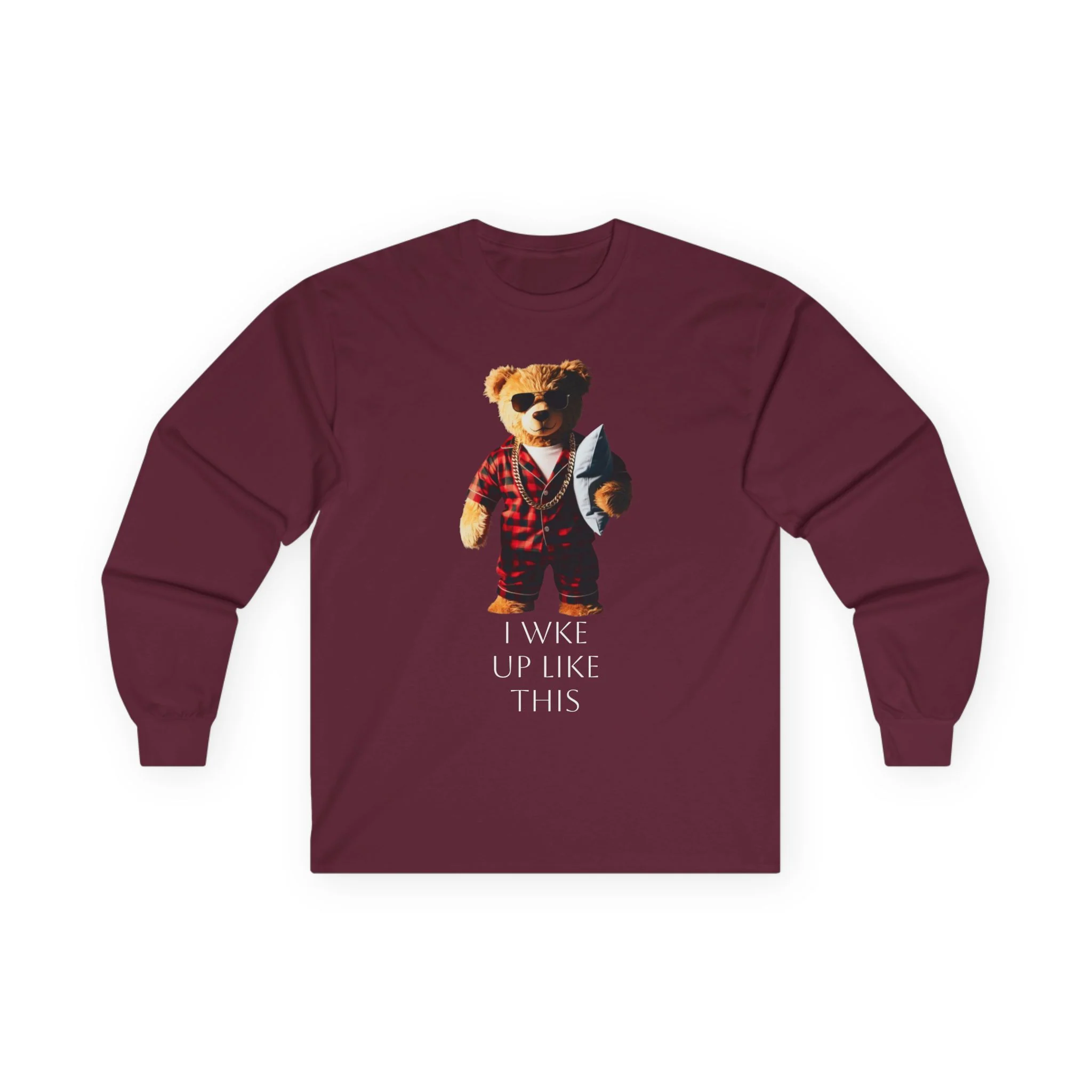 Bear in Pajamas Long Sleeve Tee — "I Woke Up Like This" Graphic Shirt - Image 4