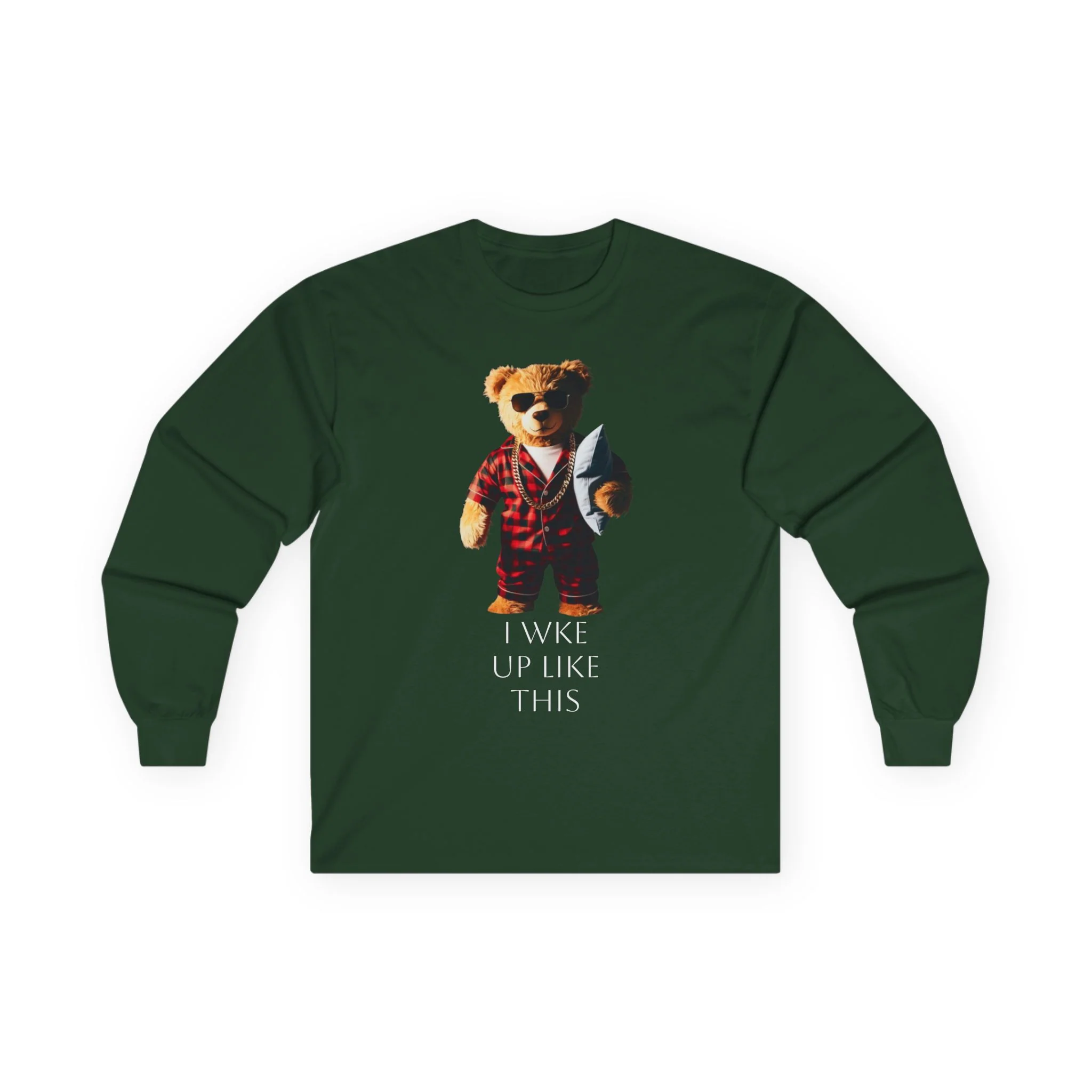 Bear in Pajamas Long Sleeve Tee — "I Woke Up Like This" Graphic Shirt - Image 6
