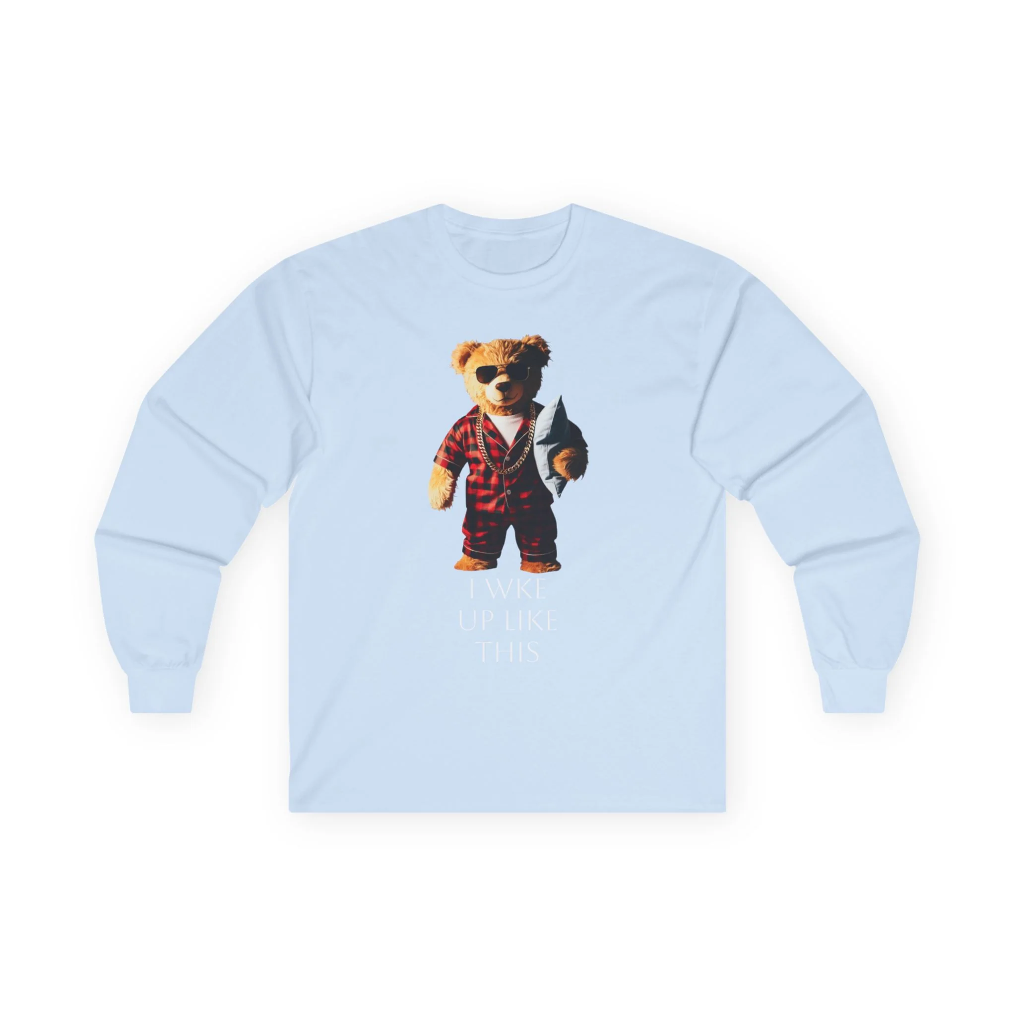 Bear in Pajamas Long Sleeve Tee — "I Woke Up Like This" Graphic Shirt - Image 9