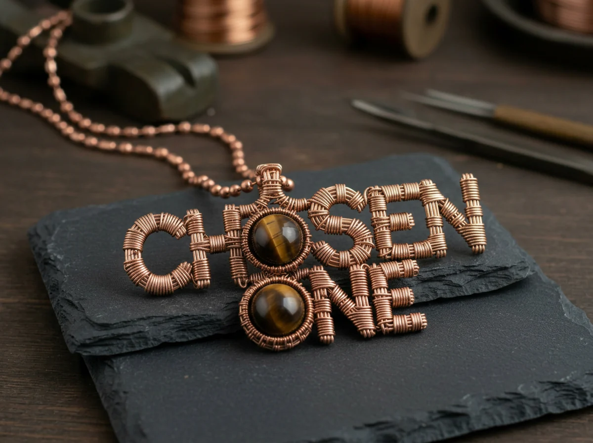 Custom copper wire wrapped chosen one statement necklace with tigers eye crystals