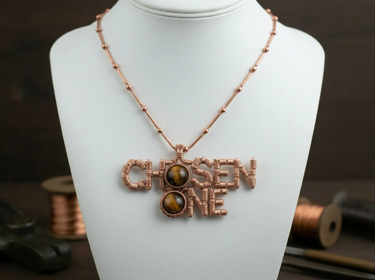 Custom copper wire wrapped chosen one statement necklace with tigers eye crystals - Image 2