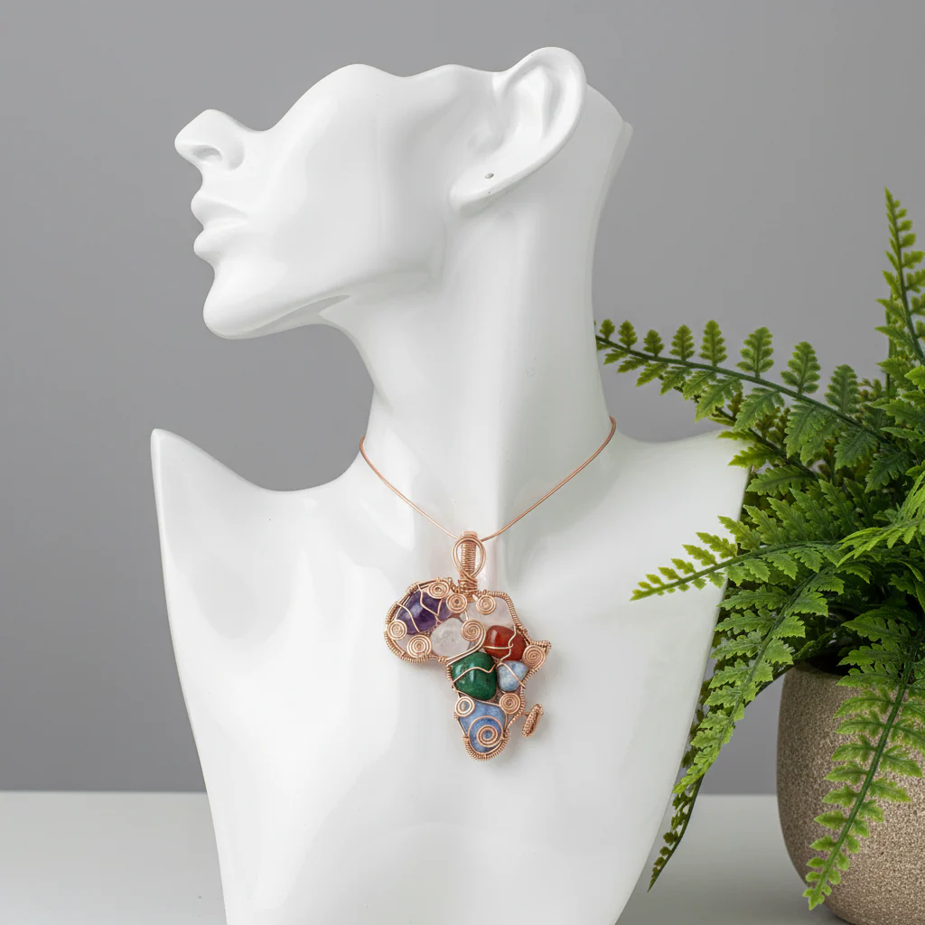 Custom copper wire wrapped medicine, Africa, necklace, promotes focus, self-love, prosperity, and letting go of the past