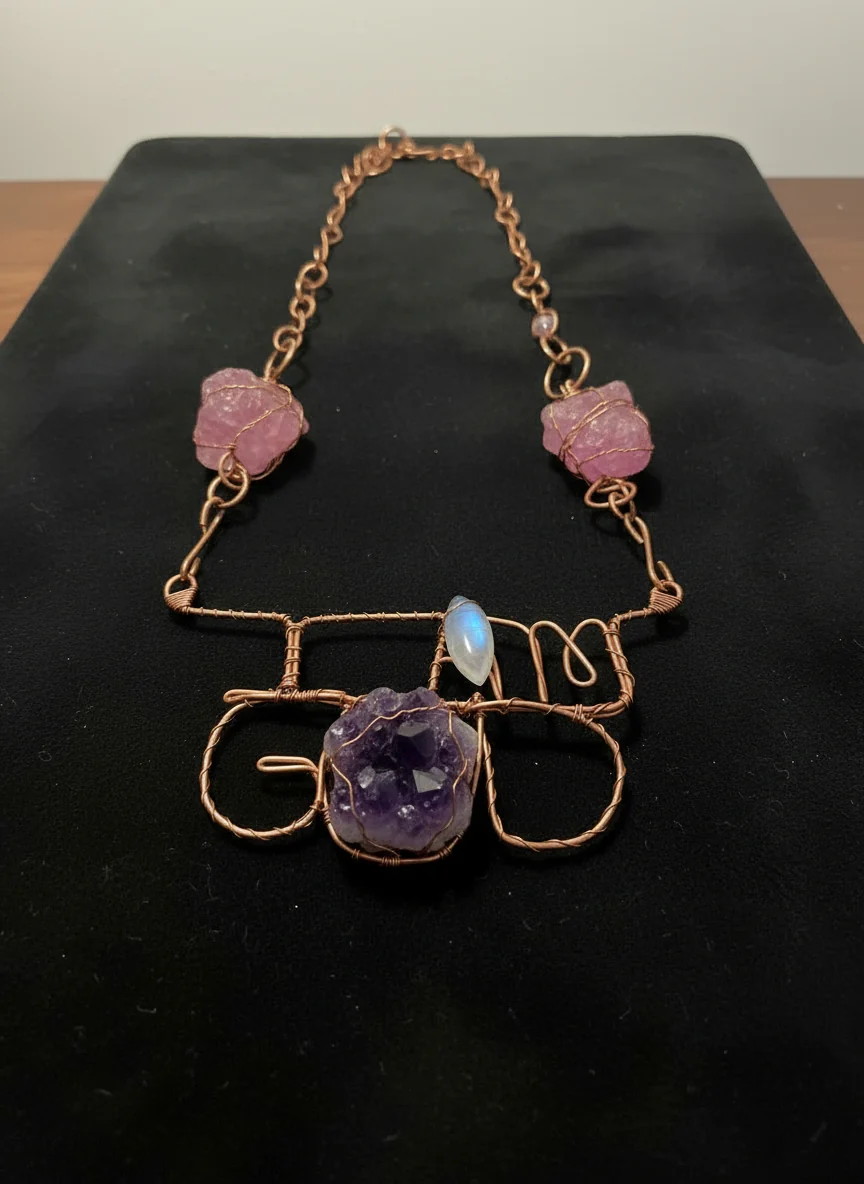 Large statement, crystal and name wire wrapped copper necklace - Image 3
