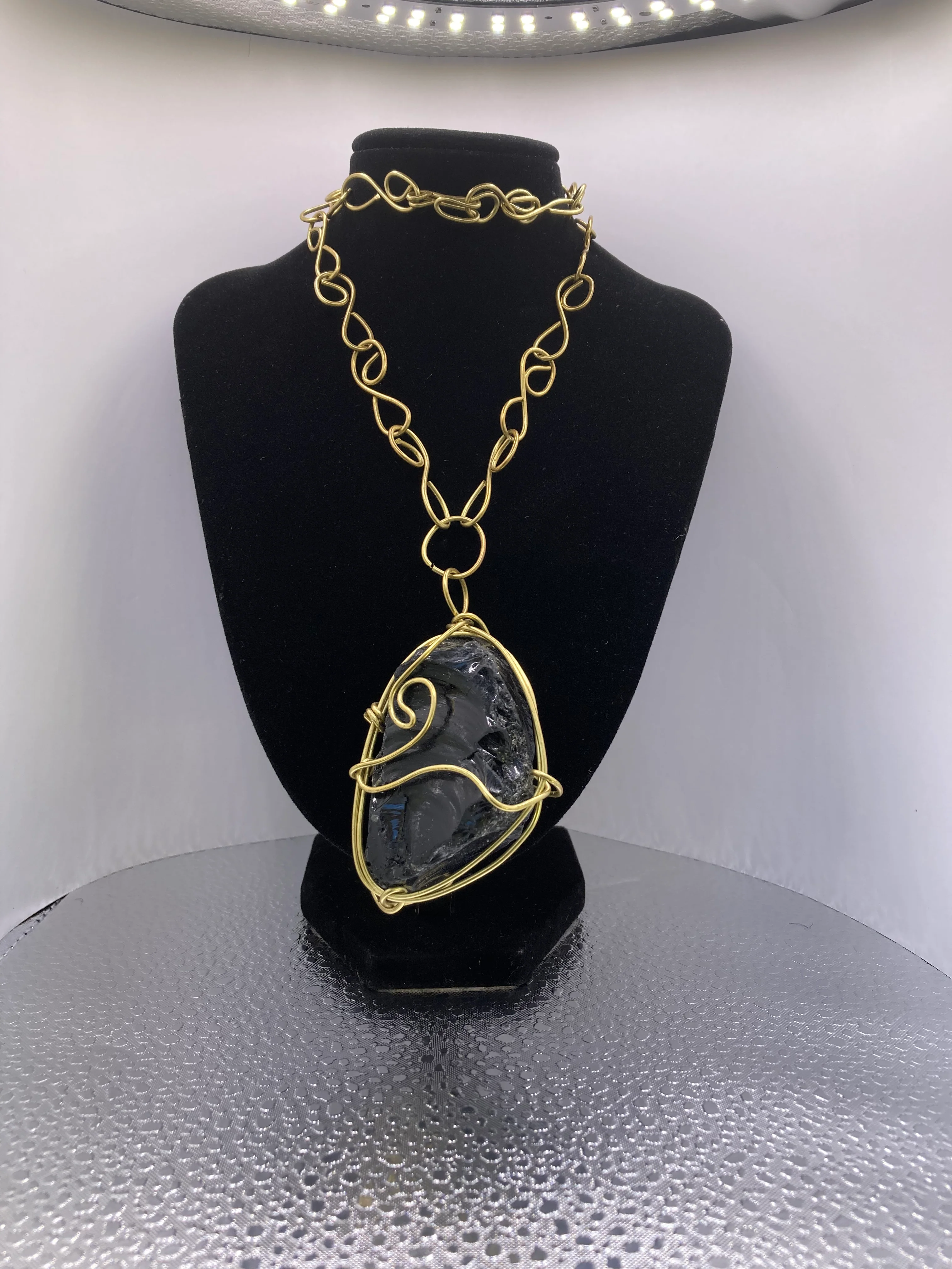 iamevibez Custom Wire Wrapped Brass Black Obsidian Necklace