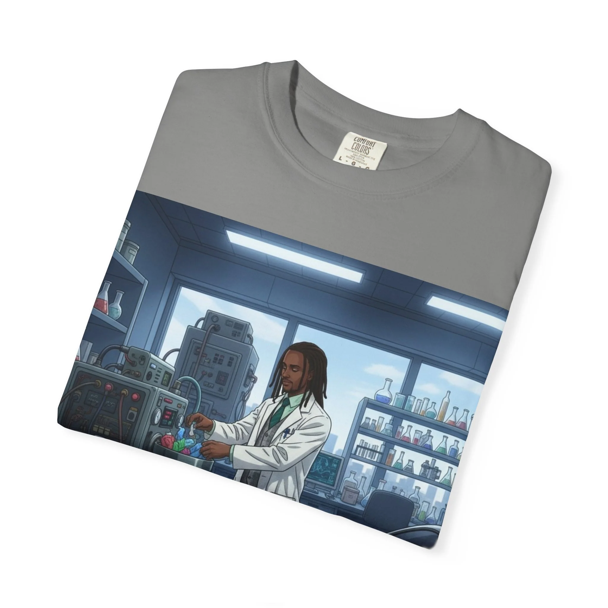 Nature Jab Lab Tech Garage Scene T-Shirt — Scientist at Work Graphic Tee - Image 12
