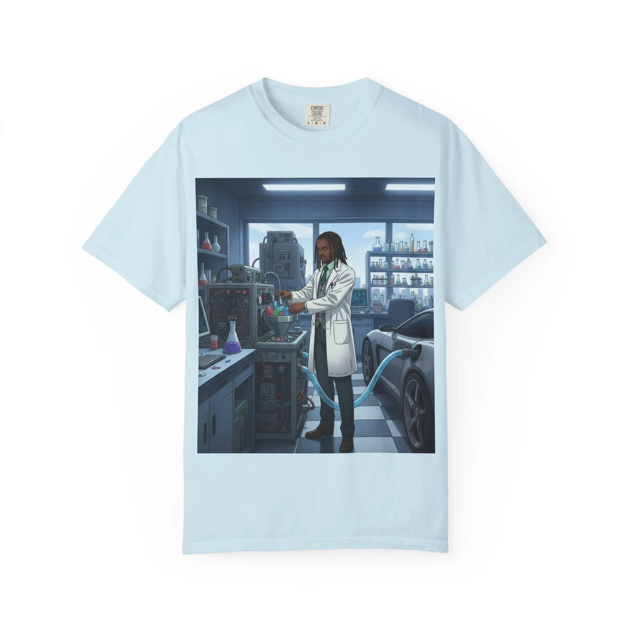 Nature Jab Lab Tech Garage Scene T-Shirt — Scientist at Work Graphic Tee - Image 3