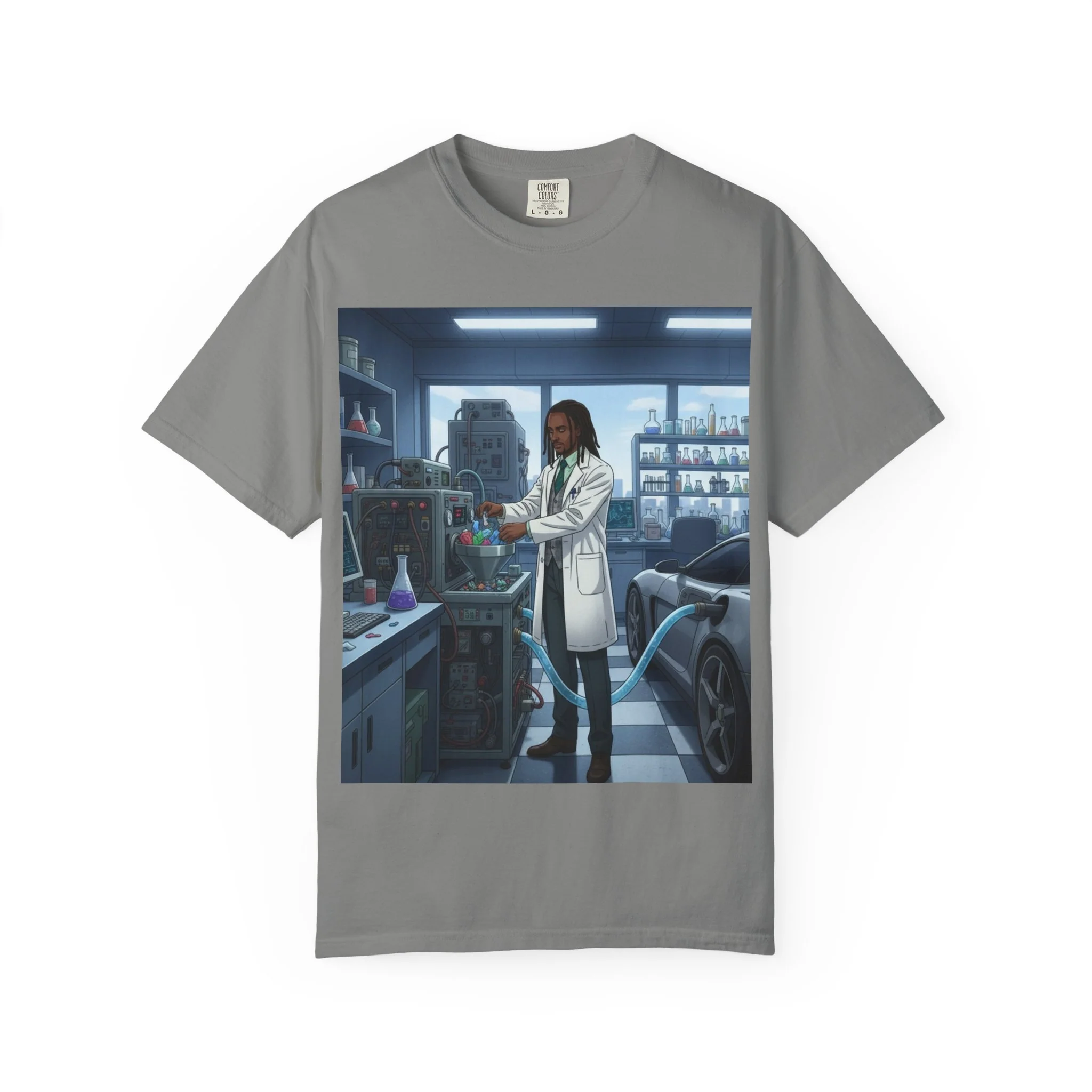 Nature Jab Lab Tech Garage Scene T-Shirt — Scientist at Work Graphic Tee - Image 4