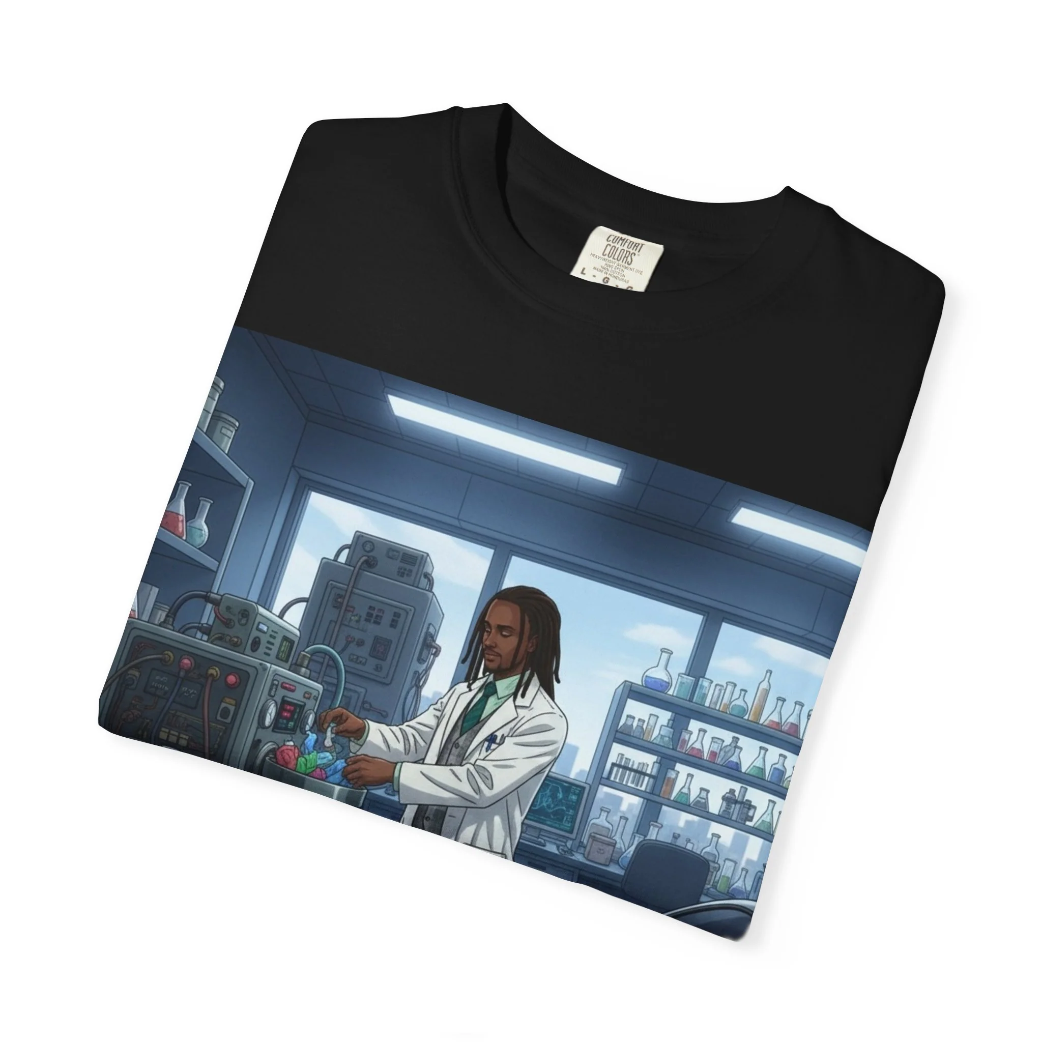Nature Jab Lab Tech Garage Scene T-Shirt — Scientist at Work Graphic Tee - Image 6