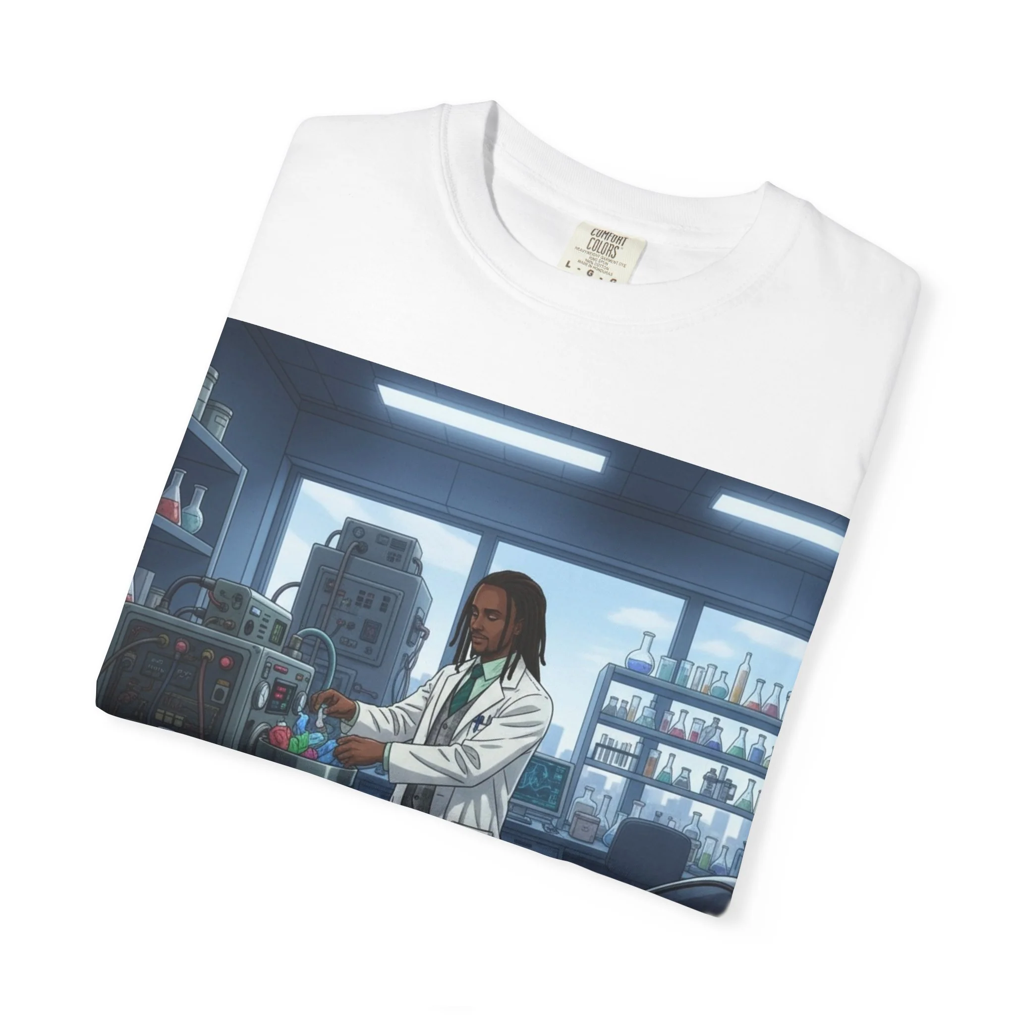 Nature Jab Lab Tech Garage Scene T-Shirt — Scientist at Work Graphic Tee - Image 8