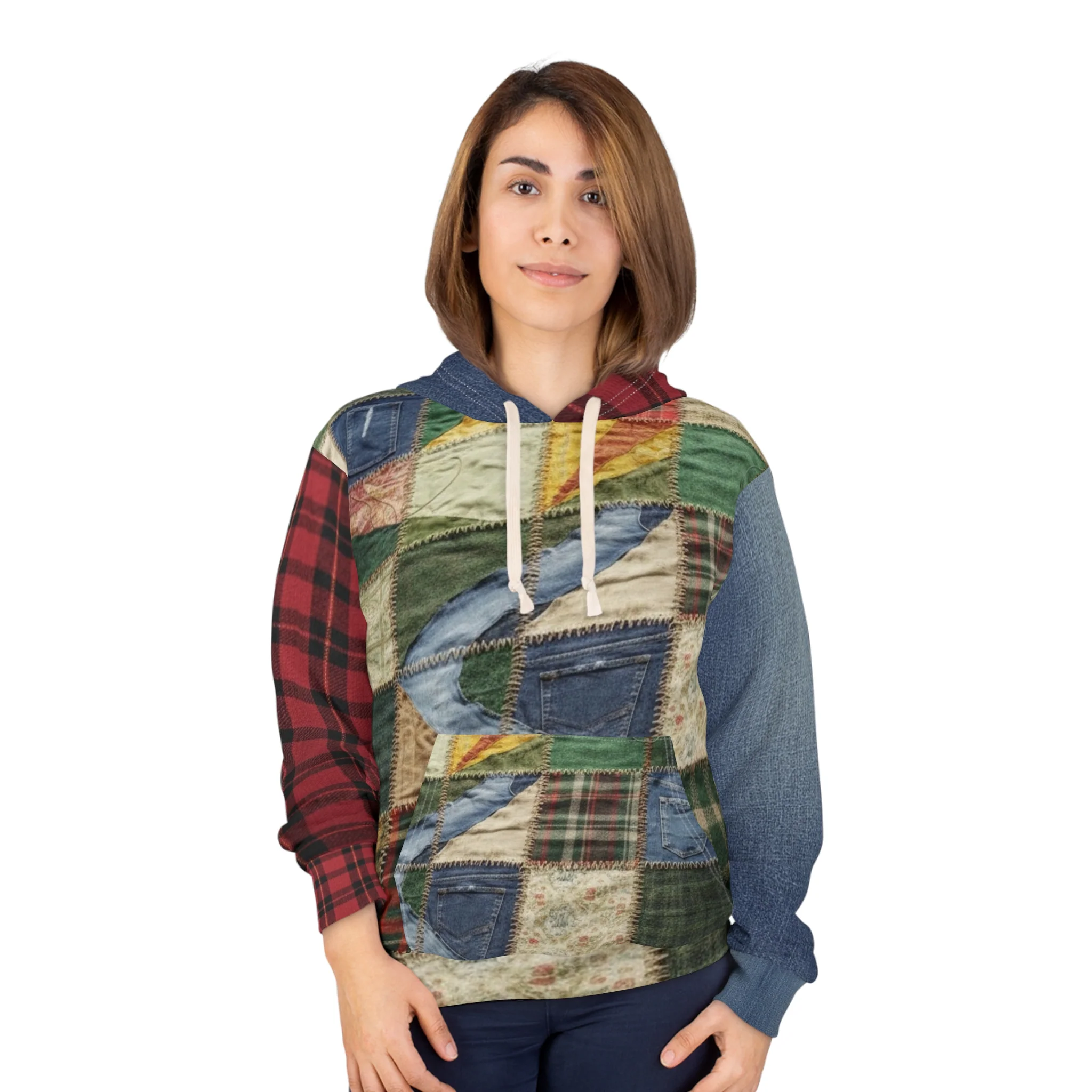 Patchwork Quilted Pattern Hoodie — Vintage Rustic Plaid All-Over Print - Image 3