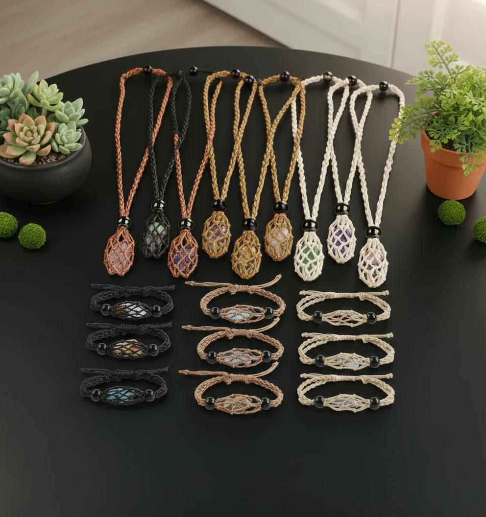 Pure Tumbled Stone Basket Necklace and Bracelet Set