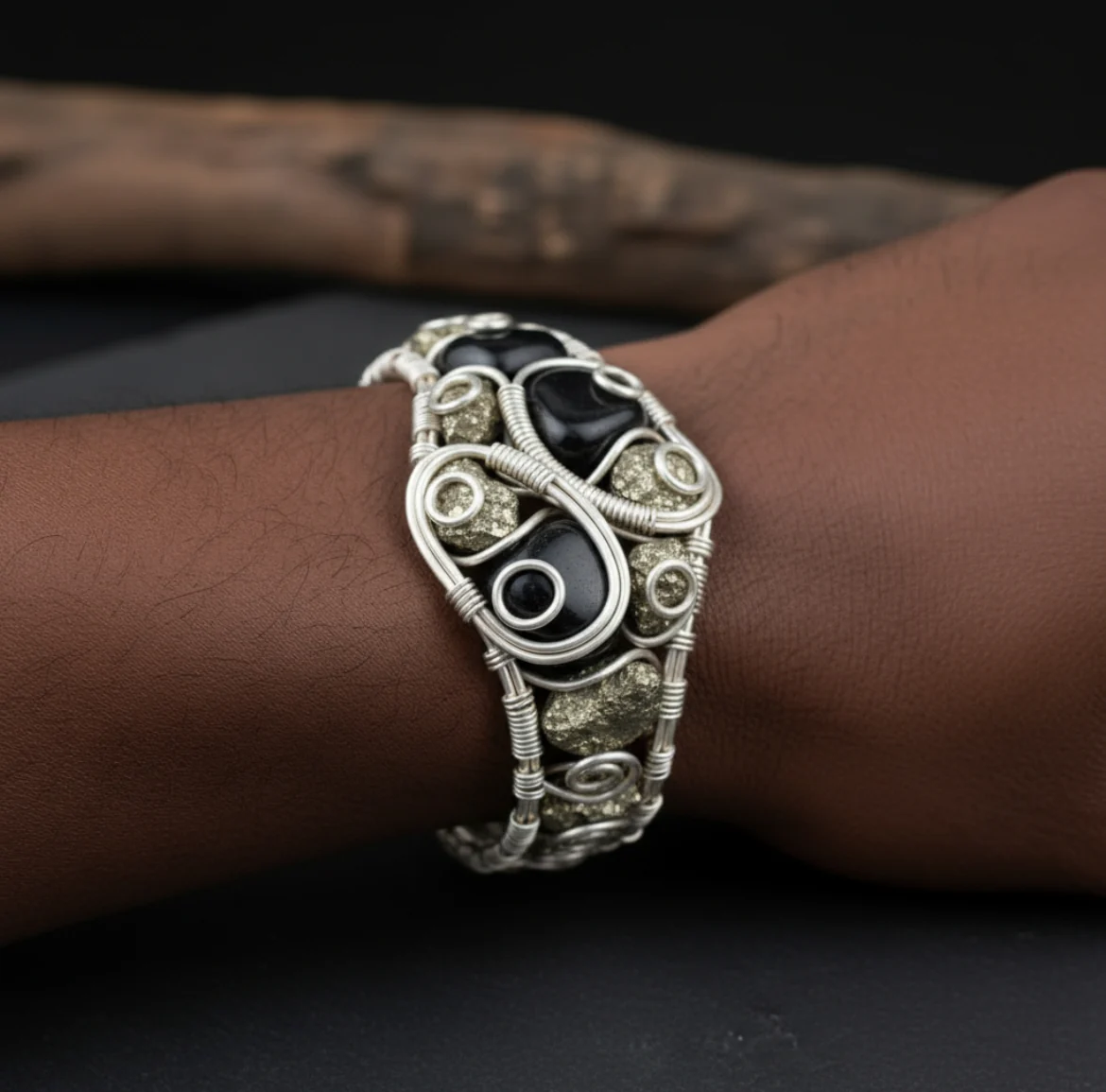 “Pyrite calls in the wealth, Obsidian guards it—abundance protected.” Custom Wire Wrapped Pyrite And Black Obsidian Dual Stone bracelet - Image 2