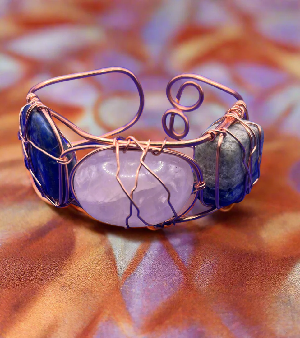 iamevibez Custom Pure Copper Chunky Wire Wrapped Lapis Lazuli & Rose Quartz Duo Bracelet - Image 2